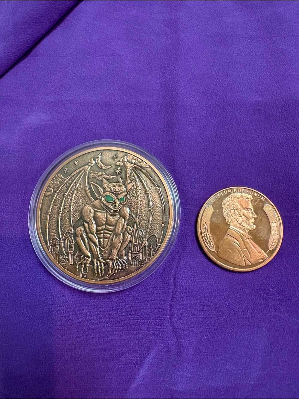 Gargoyle Dragon 5oz Copper Coin Round And 1oz Copper Coin Green Eyes Glow